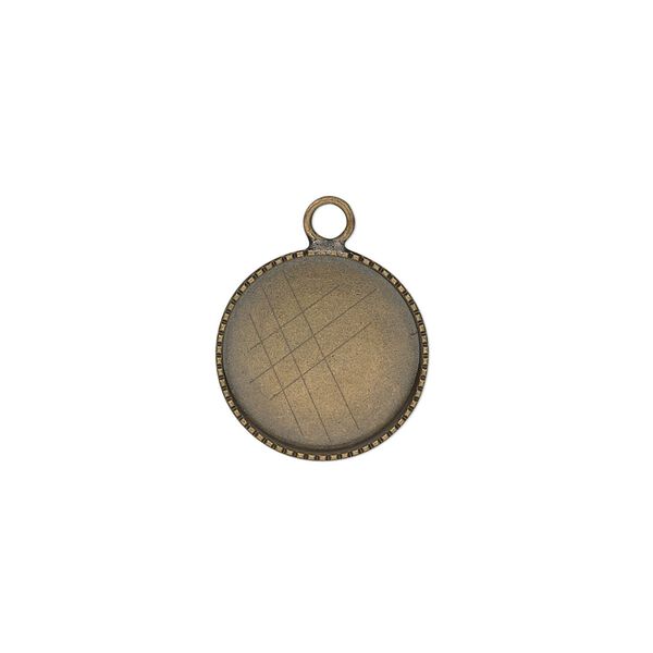 Drop, antiqued brass, 14mm round with beaded edge and 13mm round bezel cup setting. Sold per pkg of 6. image number 0