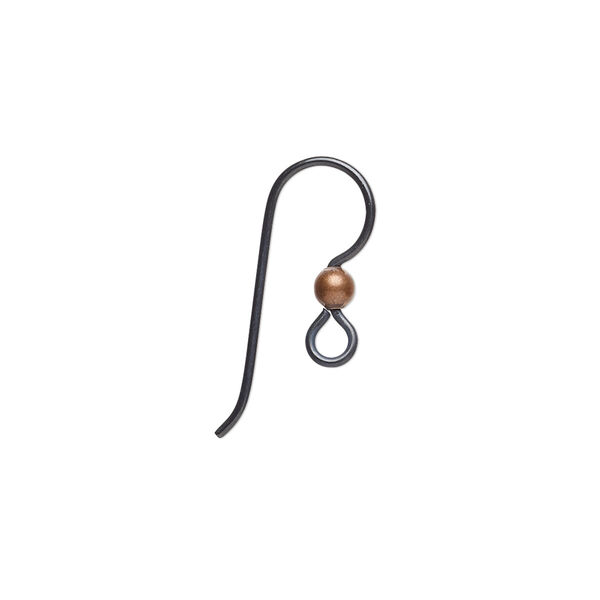 Ear wire, anodized niobium and antiqued copper, 15.5mm fishhook with 3mm ball and open loop, 20 gauge. Sold per pkg of 25 pairs. image number 0