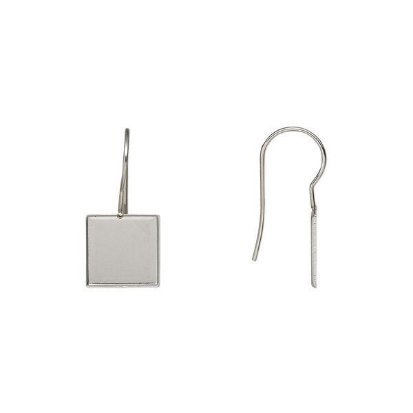 Ear wire, Almost Instant Jewelry®, stainless steel, 23mm fishhook with 10mm chessboard glue-in setting. Sold per pkg of 2 pairs. image number 0