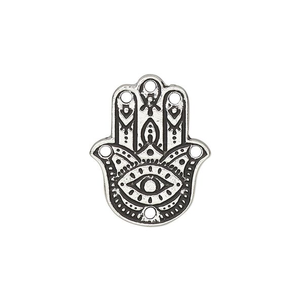 Connector, TierraCast®, "Caravan" collection, antique silver-plated pewter (tin-based alloy), 22x17.5mm double-sided Hamsa hand with 6 holes. Sold per pkg of 2. image number 0