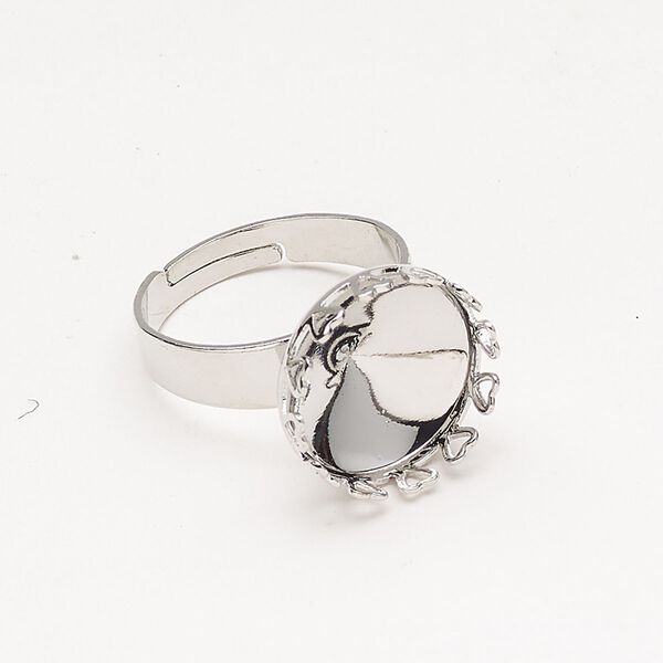 Ring brass 1pk 15mm glue in 14mm rivoli setting, size adjustable round, silver finish image number 0