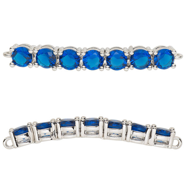 Focal, cubic zirconia and silver-plated brass, sapphire, 40x5mm curved rectangle. Sold individually. image number 0