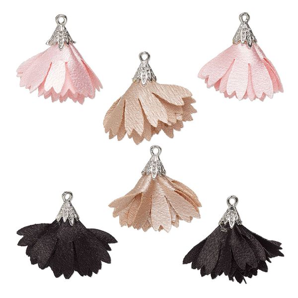Drop, imitation rhodium-finished steel and polyester, mixed colors, 26x17mm flower tassel. Sold per pkg of 6. image number 0
