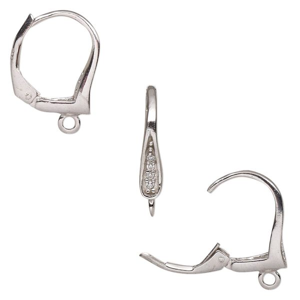 Ear wire leverback 1pkg2 rhodium-plated sterling silver / cubic zirconia, 18mm / closed loop, clear 1 pair image number 0