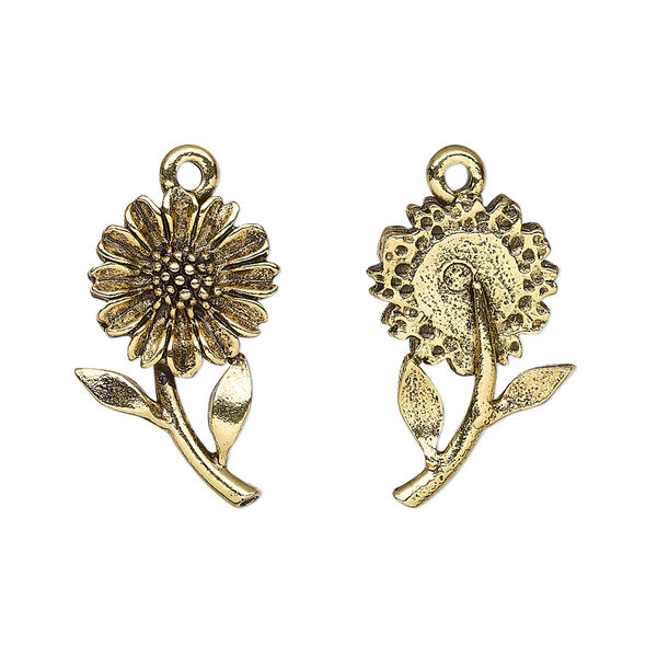 Charm, antique gold-plated pewter (tin-based alloy), 21x13.5mm single-sided daisy. Sold per pkg of 2. image number 0