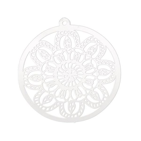 Focal, Lazer Lace™, stainless steel, 32mm single-sided domed round with flower design, Sold per pkg of 2. image number 0