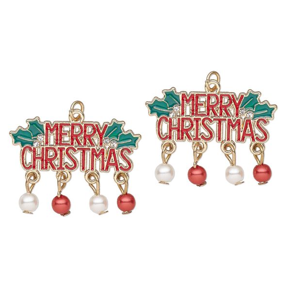Focal, gold-finished "pewter" (zinc-based alloy) / glass / enamel / acrylic, clear and multicolored, 34x26mm Merry Christmas. Sold per pkg of 2. image number 0