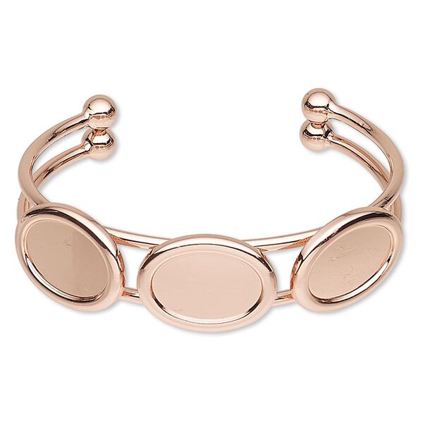 Bracelet, cuff, copper-plated brass and "pewter" (zinc-based alloy), 18mm wide with (3) 18x13mm oval settings, adjustable. Sold individually. image number 0
