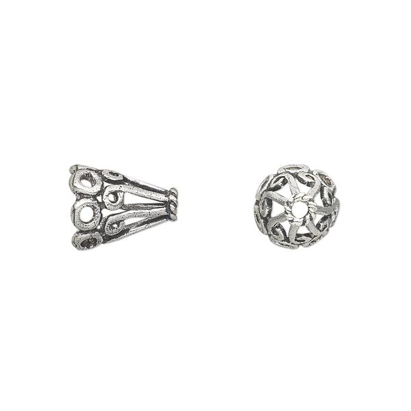 Cone, antique silver-plated white brass, 11.5x9mm fancy with open circles and swirls, 6.5mm inside diameter. Sold per pkg of 6. image number 0