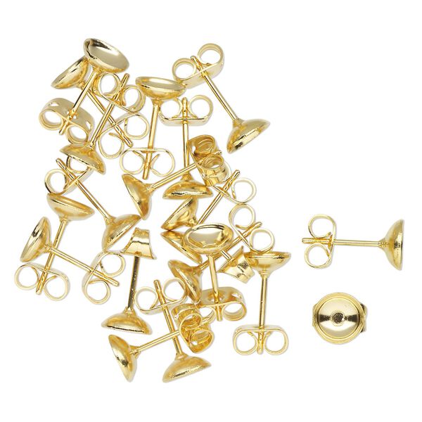 Earstud 1pkg20, 6mm glue-in cup / 5.5mm oval setting / earnuts, gold-finished stainless steel 10 pair image number 0