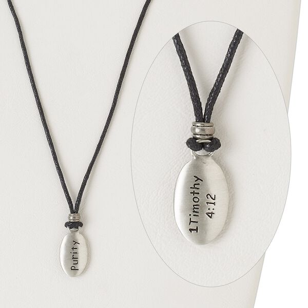 Necklace, "pewter" (zinc-based alloy) and waxed cotton cord, black, 23x14mm two-sided oval with "Purity" and "1 Timothy 4:12", adjustable up to 26 inches. Sold individually. image number 0