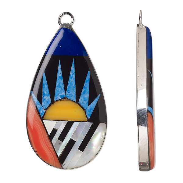Focal, mother-of-pearl shell / resin / stainless steel, multicolored, 34x20mm-35x19mm single-sided flat teardrop with sun design. Sold individually. image number 0