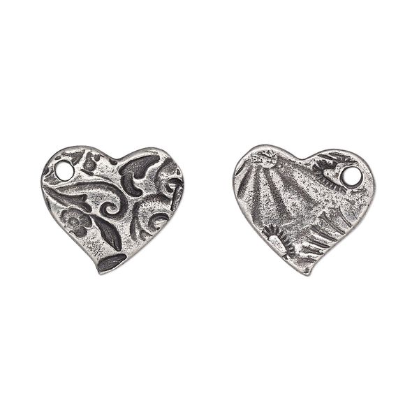 Charm, TierraCast®, "Vida Mas Dulce" collection, antiqued pewter (tin-based alloy), 15mm two-sided heart with amor design. Sold per pkg of 2. image number 0