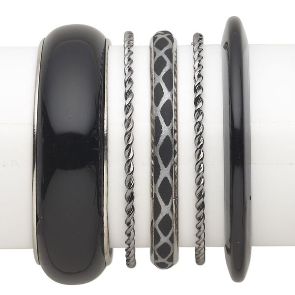 Bracelet mix, bangle, plastic with silver- and gunmetal-finished steel, silver and black, 3-22.5mm wide with mixed design, 8 to 8-1/2 inches. Sold per 5-piece set. image number 0