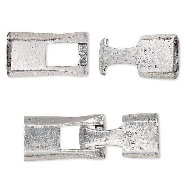 Clasp, hook-and-eye, antique silver-plated white brass, 40x13mm with glue-in ends, 10x7mm inside diameter. Sold individually. image number 0