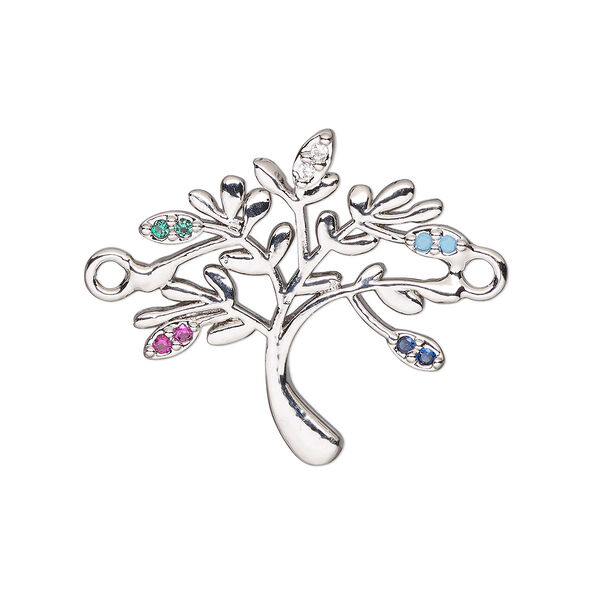 Link, cubic zirconia and silver-finished brass, multicolored, 21mm single-sided tree. Sold individually. image number 0
