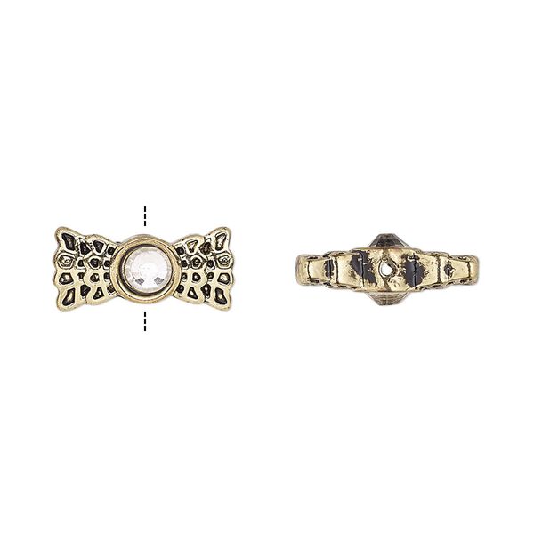 Bead, glass rhinestone and antique gold-finished "pewter" (zinc-based alloy), clear, 15x7mm with web design. Sold per pkg of 4. image number 0