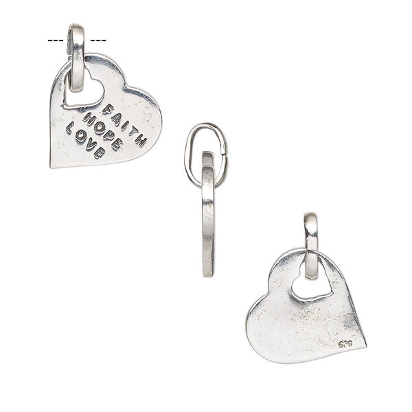 Charm, antiqued sterling silver, 19x15mm one-sided heart with "FAITH HOPE LOVE." Sold individually. image number 0