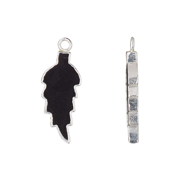 Drop, sterling silver and black onyx (dyed), 23x10mm hand-cut double-sided flat feather, Mohs hardness 6-1/2 to 7. Sold individually. image number 0