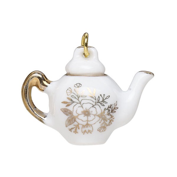 Focal, ceramic and gold-finished steel, gold and white, 33x24mm teapot with floral design and jump ring. Sold per pkg of 2. image number 0