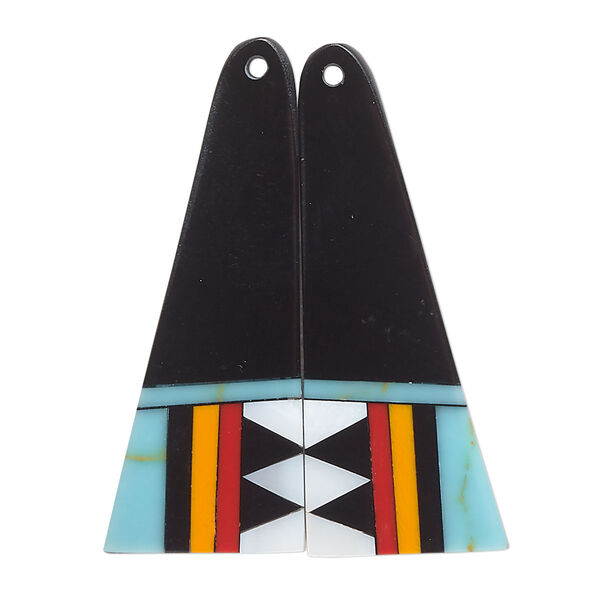 Focal, mother-of-pearl shell and resin, black / blue / red, 41x14mm single-sided right- and left-facing flat trapezoid. Sold per pkg of 2. image number 0
