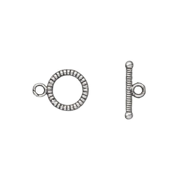 Clasp, toggle, antique silver-plated "pewter" (zinc-based alloy), 10mm double-sided lined round. Sold per pkg of 20. image number 0