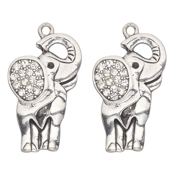 Focal, antique silver-finished "pewter" (zinc-based alloy) and glass, clear and black, 30x20mm single-sided elephant. Sold per pkg of 2. image number 0