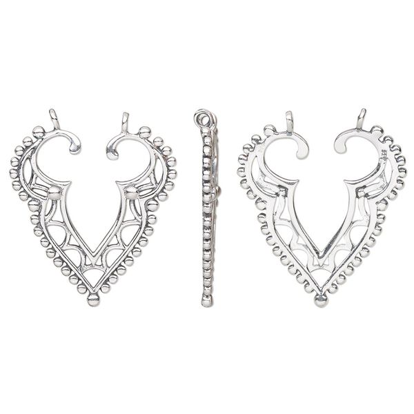 Connector, antiqued sterling silver, 25x22.5mm open beaded heart. Sold individually. image number 0