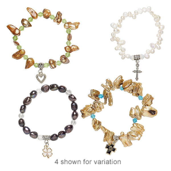 Bracelet, stretch, cultured freshwater pearl (bleached / dyed) / enamel / glass / mix-coated plastic / silver-finished steel / mix-finished "pewter" (zinc-based alloy), multicolored, 6-32mm wide, 7-1/2 inches. Sold individually. image number 0
