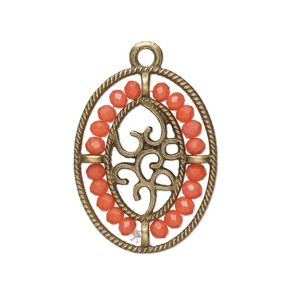 Drop, antique brass-finished "pewter" (zinc-based alloy), salmon pink, 28x21.5mm oval with hearts and beaded border. Sold per pkg of 2. image number 0
