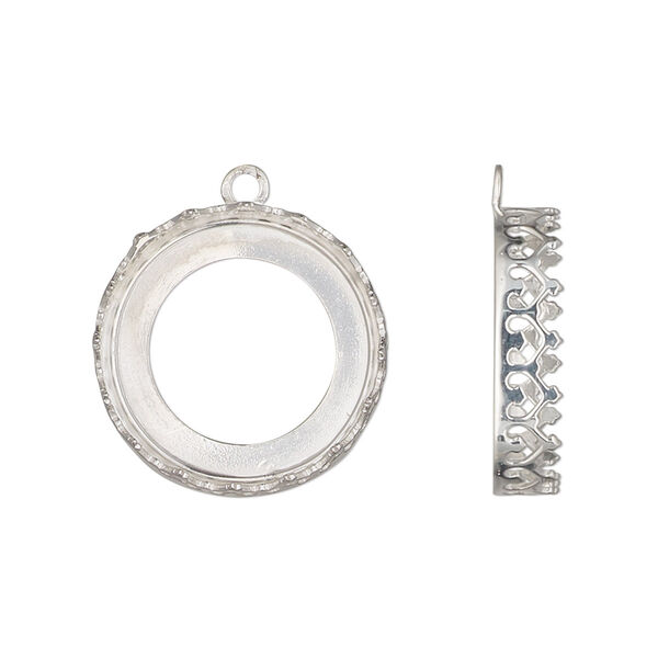 Drop, sterling silver, 19mm round with decorative trim and open back with 18mm round cabochon bezel setting. Sold individually. image number 0
