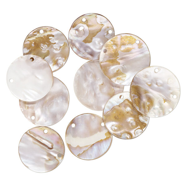 Focal, mother-of-pearl shell (natural / bleached / coated), 48-53mm round with 2 holes, Mohs hardness 3-1/2. Sold per pkg of 10. image number 0