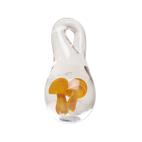 Focal, lampworked glass, transparent clear and orange, 30x14mm-36x17mm teardrop with mushroom. Sold individually. image number 0