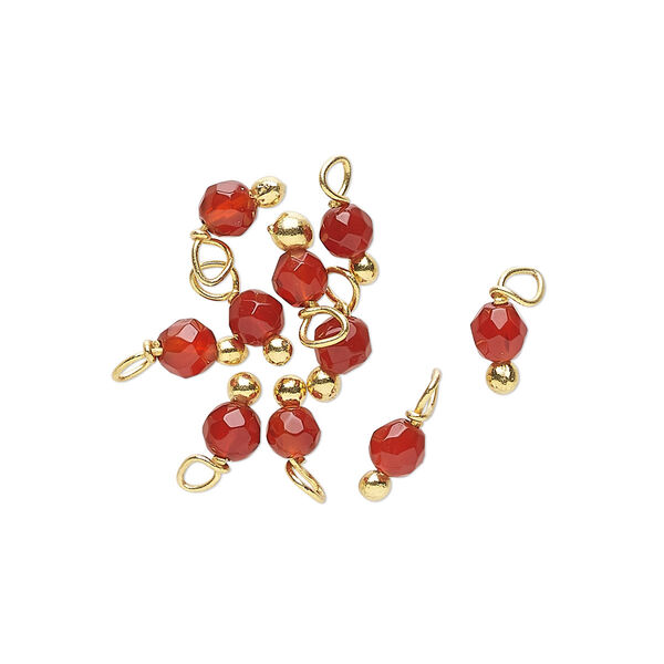 Drop, carnelian (dyed / heated) and gold-finished brass, 3x2mm with 2mm faceted round. Sold per pkg of 10. image number 0