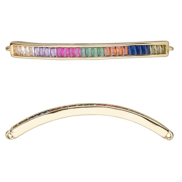 Link, cubic zirconia and gold-finished brass, multicolored, 42.5x4mm single-sided curved bar. Sold individually. image number 0