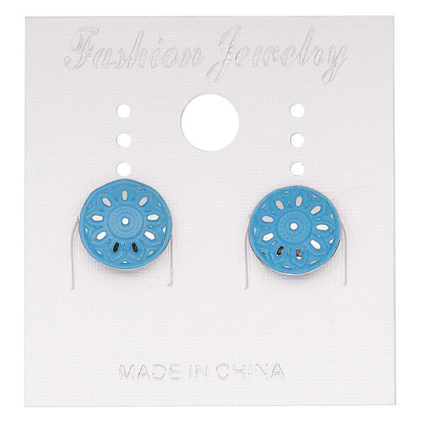 Earstud, stainless steel, blue patina, 10mm round with flower mandala design. Sold per pair. image number 0
