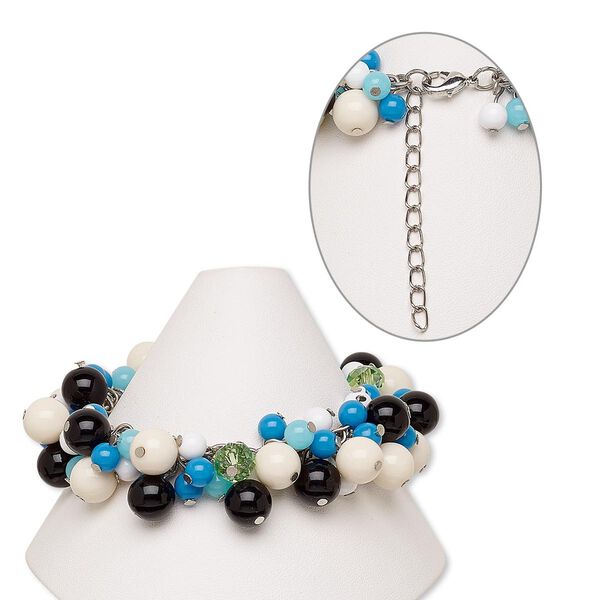 Bracelet, acrylic / glass / silver-finished steel / brass, multicolored, 22mm wide with round, 7 inches with 2-inch extender chain and lobster claw clasp. Sold individually. image number 0