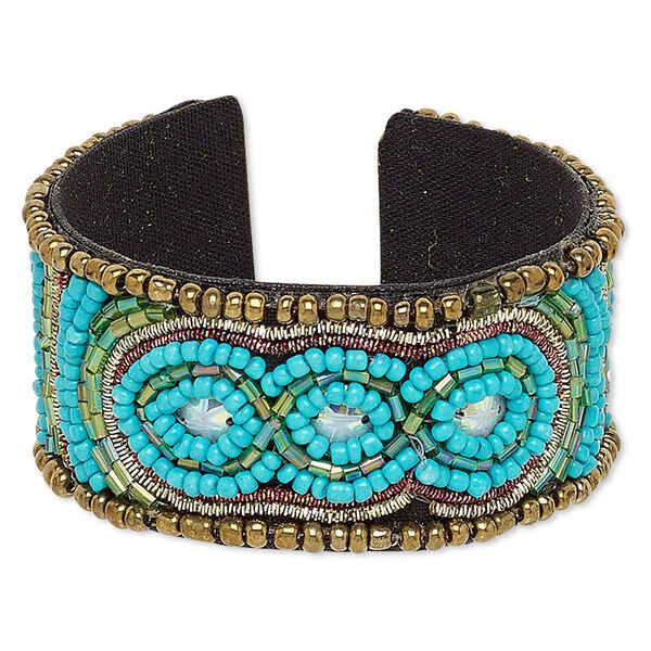Bracelet, cuff, acrylic / cotton / glass / plastic sequin / steel, iridescent multicolored, 31mm wide with oval and line stripe design, adjustable from 6-7 inches. Sold individually. image number 0