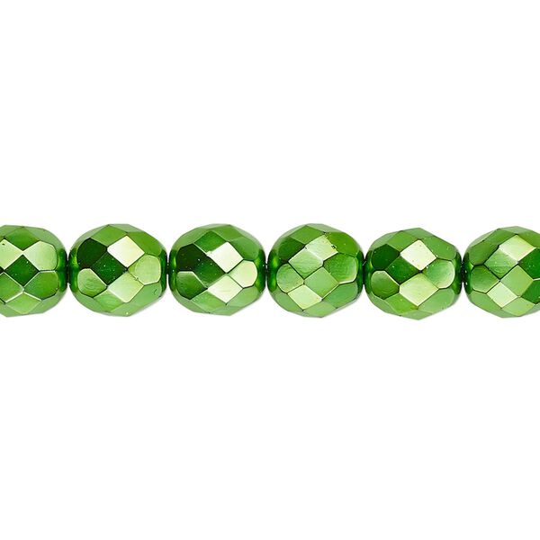 Bead, Czech fire-polished glass, opaque emerald green carmen, 8mm faceted round. Sold per 15-1/2" to 16" strand. image number 0
