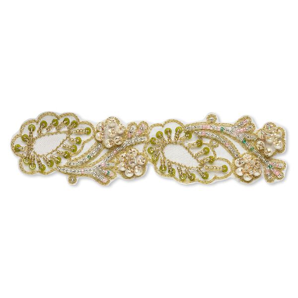 Sew-on component, velveteen / acrylic pearl / sequin / glass / gold-finished copper French wire, multicolored, 5-1/2 x 1-1/2 inches with leaf and flower design. Sold individually. image number 0