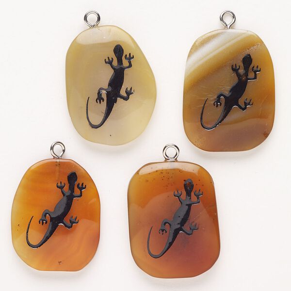 Focal, steel/red agate (dyed/heated)/enamel, pkg/1, silver finish and black, 30x24-39x27mm puffed freeform with salamander. image number 0