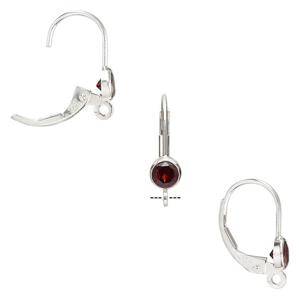 Ear wire leverback 1pkg2 sterling silver / garnet (natural), 17mm / 4mm faceted round / open loop, 1 pair image number 0
