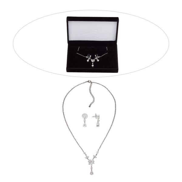 Necklace and earring set, cubic zirconia / stainless steel / rhodium-finished brass, clear, 33mm dangle, 15" to 16" necklace with 2-inch extender chain and lobster claw clasp, 25mm earrings with post. Sold per set. image number 0