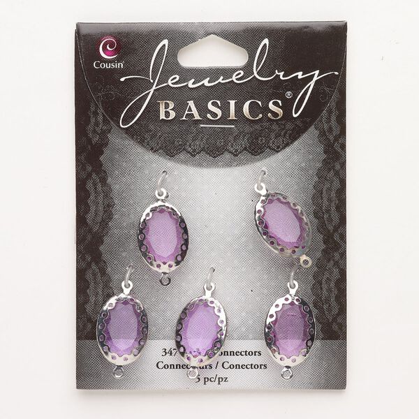Link, brass and acrylic, pkg/5, silver finish and purple, 19x14mm faceted oval. image number 0
