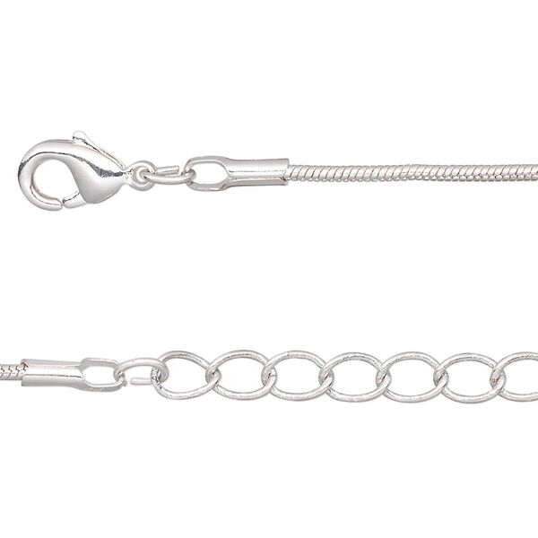 Chain, silver-plated brass, 1.5mm snake, 18 inches with 1-inch extender chain and lobster claw clasp. Sold per pkg of 4. image number 0