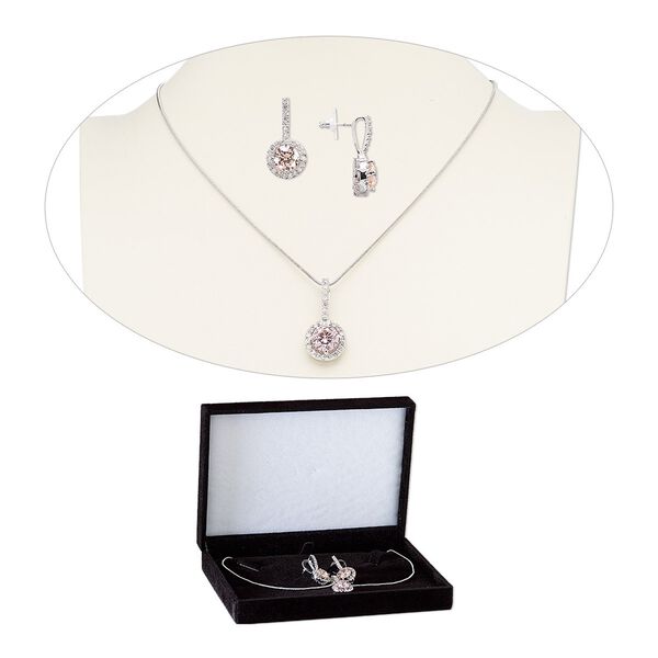 Necklace and earring set, cubic zirconia / stainless steel / rhodium-finished brass, pink and clear, 30mm dangle, 15" to 16" necklace with 2-inch extender chain and lobster claw clasp, 30mm earrings with post. Sold per set. image number 0