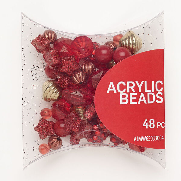 Bead mix CCB acrylic 48pk 6-17mm mixed shapes red gold glitter image number 0
