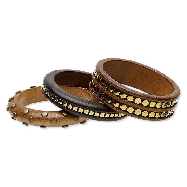 Bracelet mix, bangle, stained wood and gold-coated plastic, light brown / brown / dark brown, 15-24mm wide with octagon / square / round studs, 7-1/2 inches. Sold per pkg of 3. image number 0