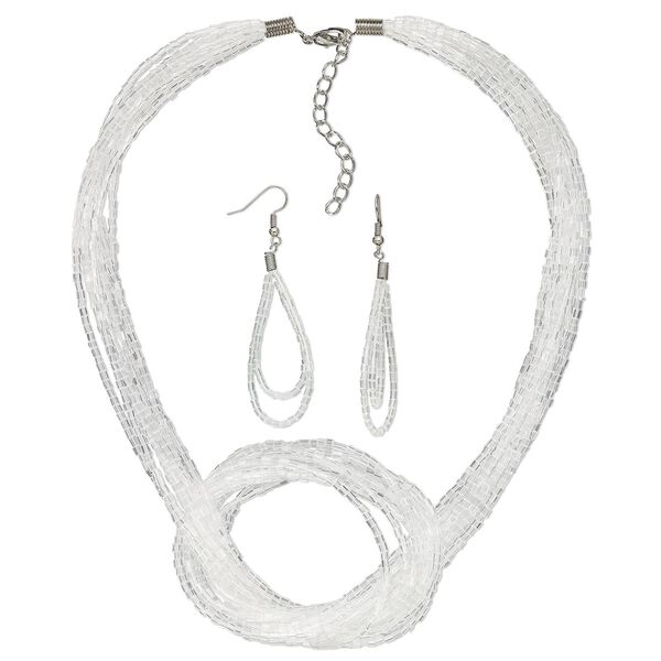 Necklace and earring set, Everyday Jewelry,  imitation rhodium-plated-steel and glass, clear, 16-inches with 2-inch extender chain, 3-inch earrings with fishhook ear wires, 19 gauge. Sold per set. image number 0