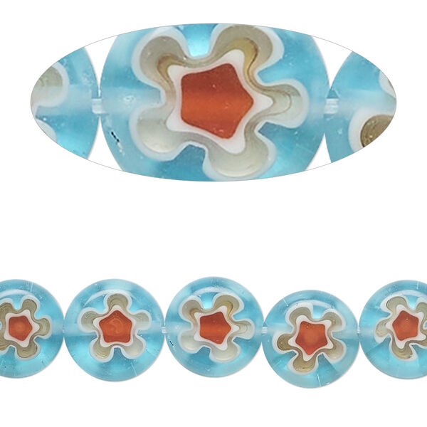 Bead, millefiori glass, translucent multicolored, 9-10mm puffed flat round. Sold per 14-inch strand. image number 0